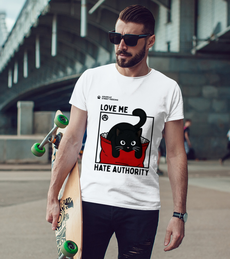 Anarcat Street Feeding Love Me Hate Authority Black Cat Red Bag T-Shirt