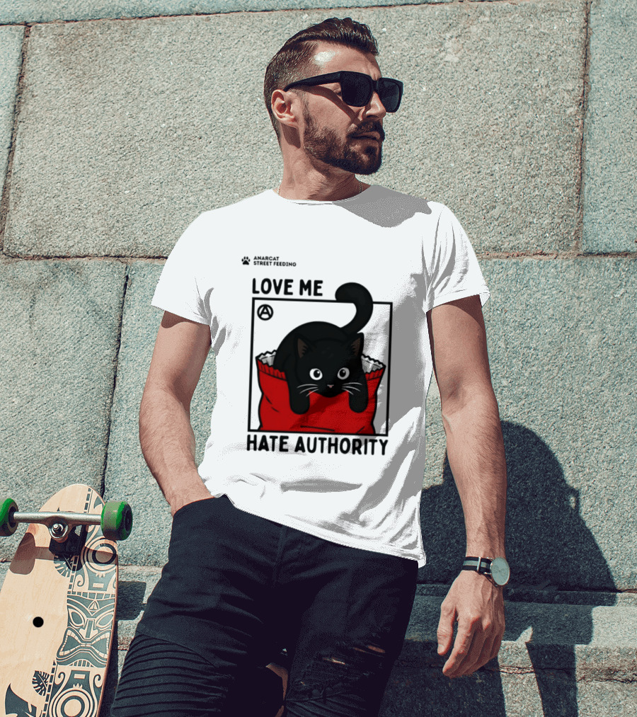 Anarcat Street Feeding Love Me Hate Authority Black Cat Red Bag T-Shirt