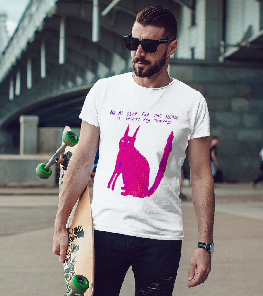 No AI Slop For Me Please It Upsets My Tummy Pink Cat T-Shirt