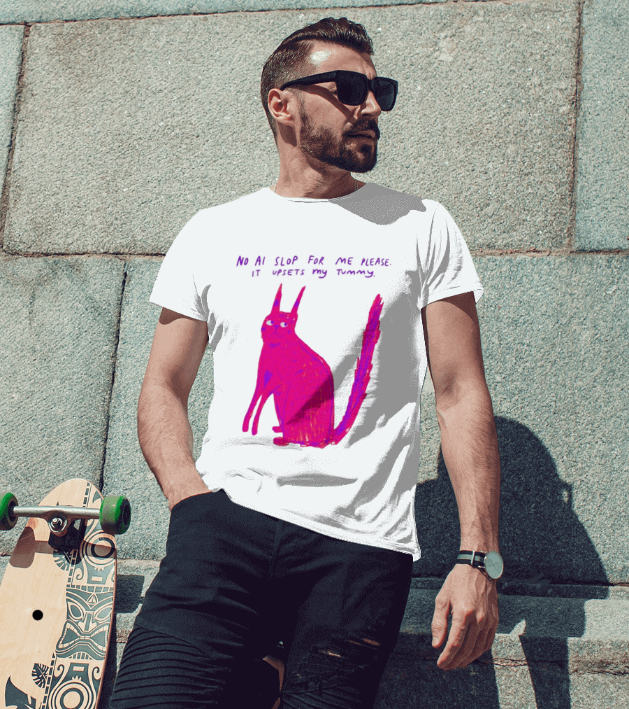 No AI Slop For Me Please It Upsets My Tummy Pink Cat T-Shirt