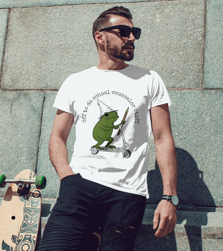 Frog Off To Do School Counselor Stuff With Wizard Hat Riding Scooter T-Shirt