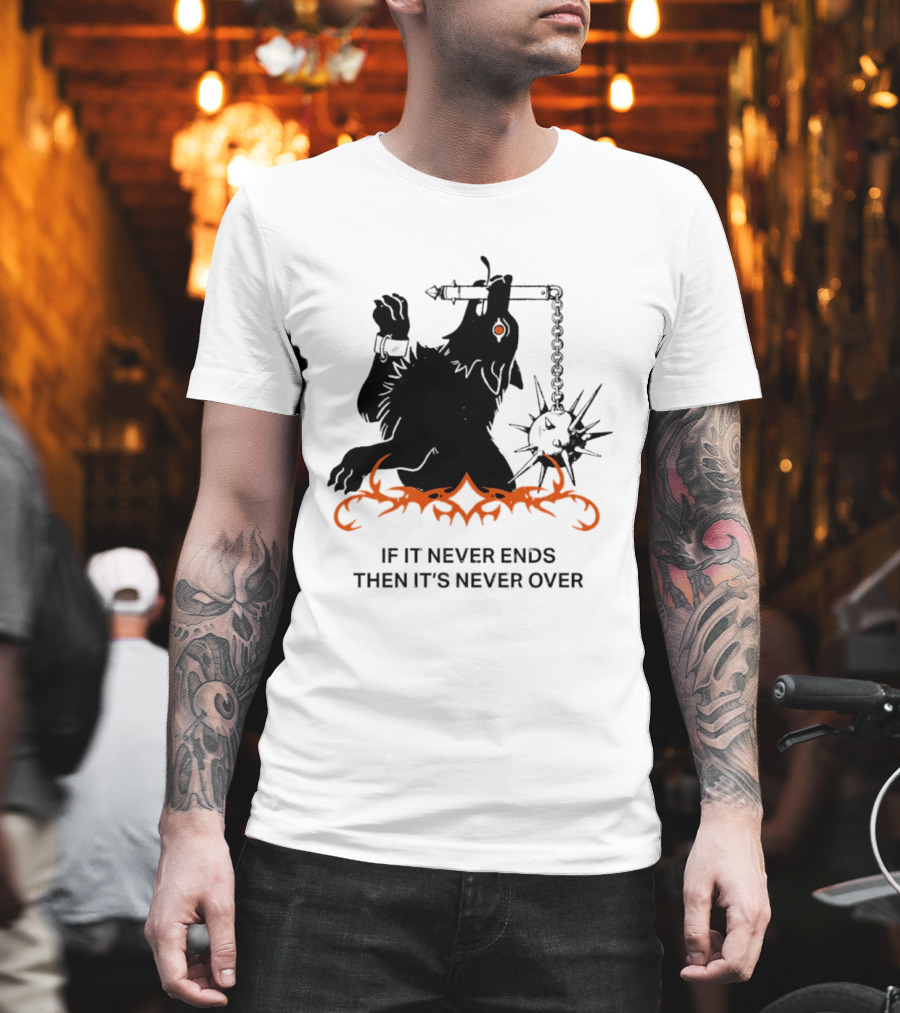 If It Never Ends Then It's Never Over Gothic Skeleton Warrior With Spiked Mace And Orange Flames T-Shirt