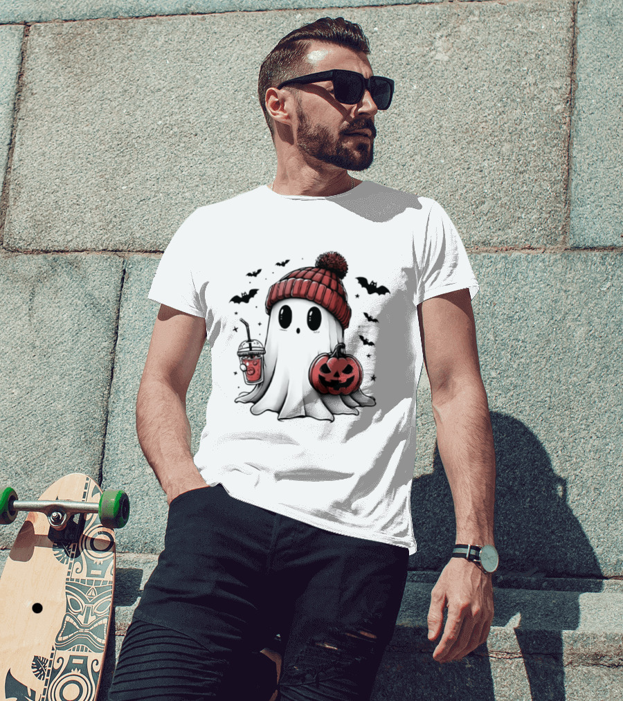 Ghost In Beanie With Pumpkin And Coffee Halloween 2026 T-Shirt