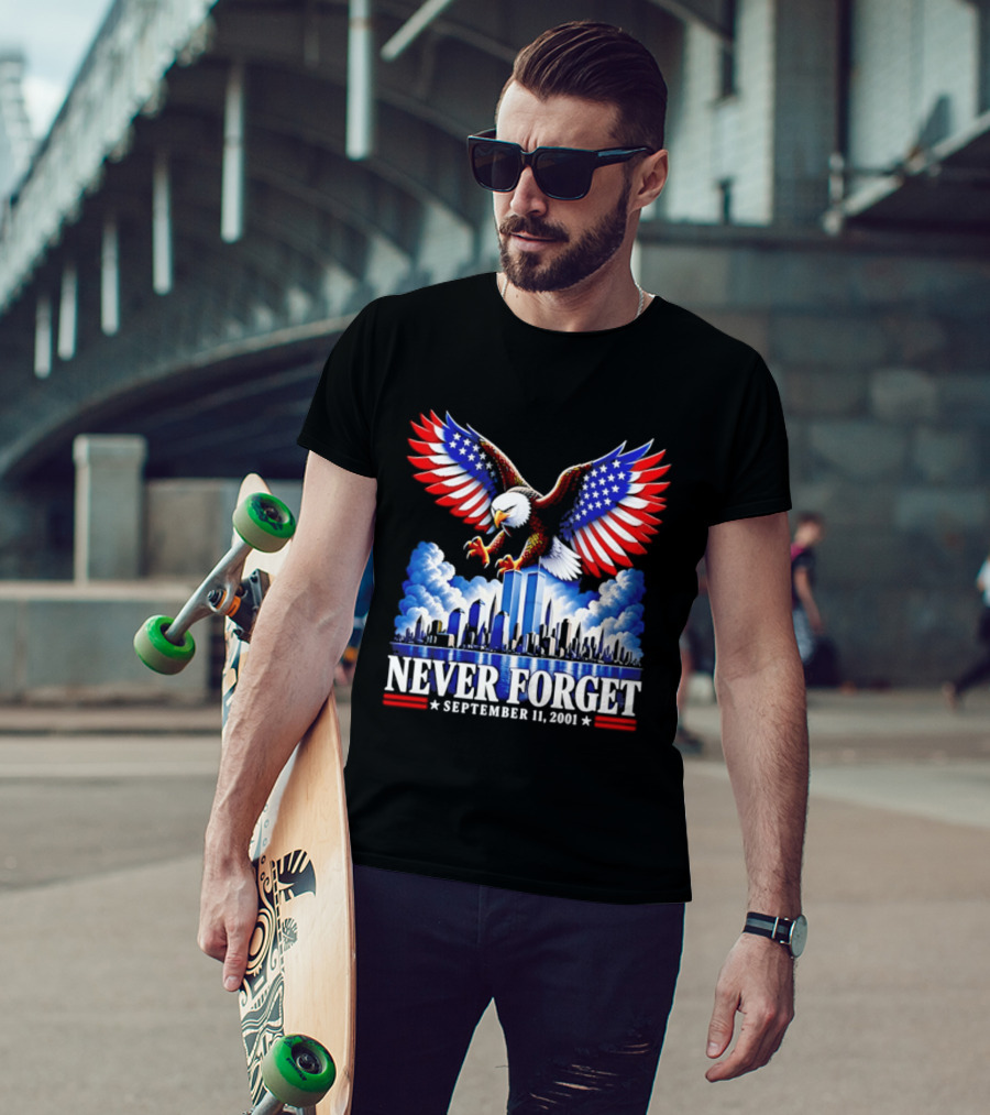 Never Forget September 11 2001 Eagle American Flag Twin Towers Memorial T-Shirt