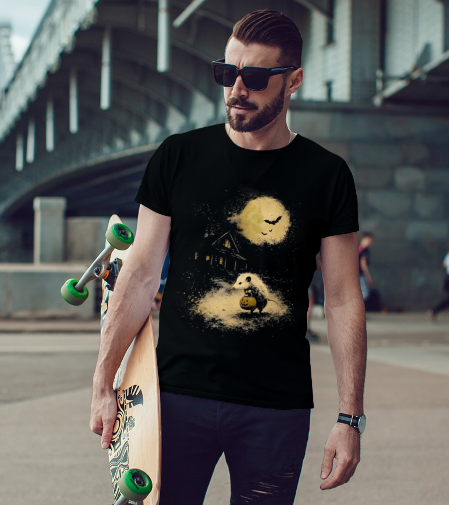 Opossum Halloween 2026 Pumpkin Spooky Moon Haunted House Scene T-Shirt