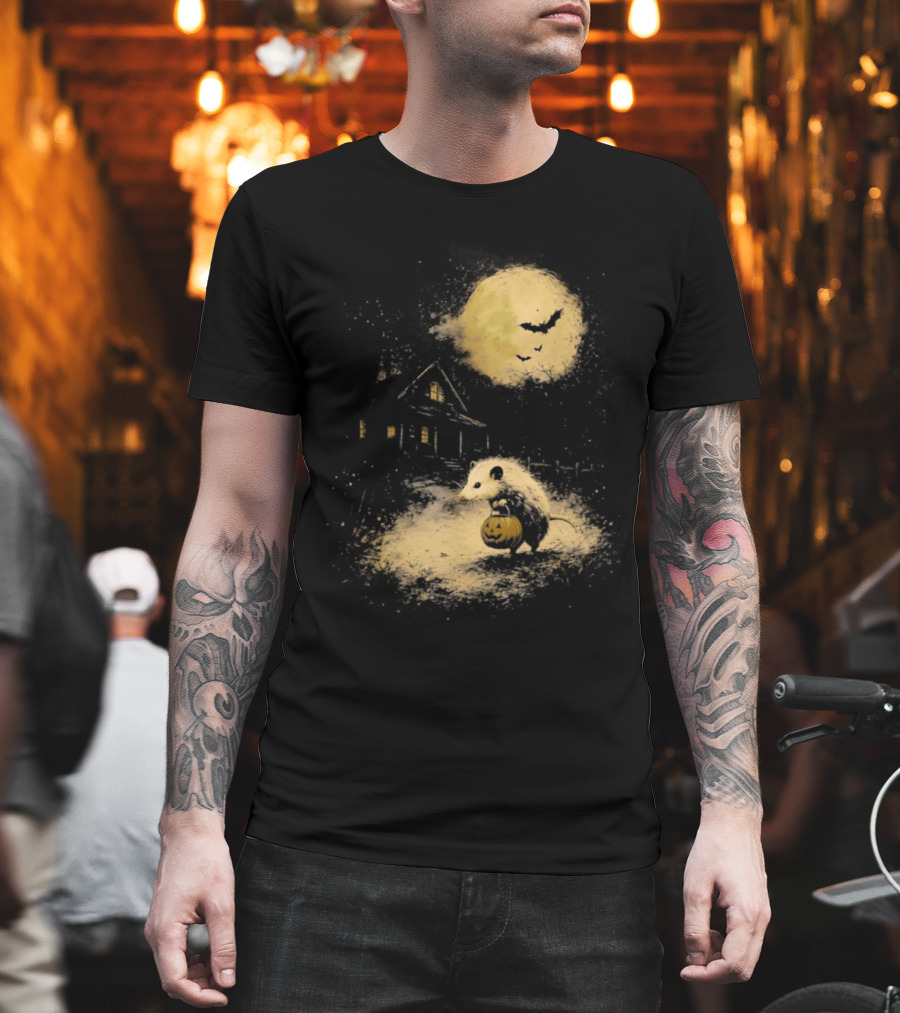 Opossum Halloween 2026 Pumpkin Spooky Moon Haunted House Scene T-Shirt