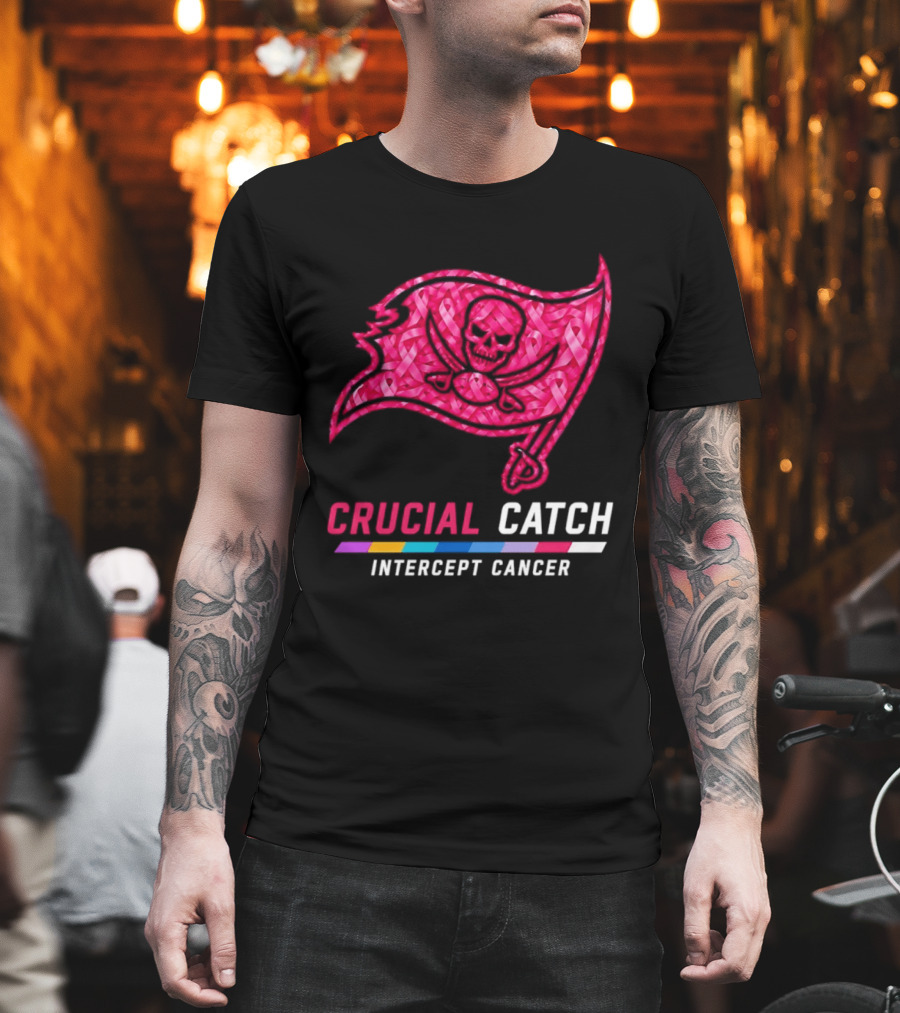 Tampa Bay Buccaneers 2026 Crucial Catch Intercept Cancer Pink Ribbon Flag T-Shirt