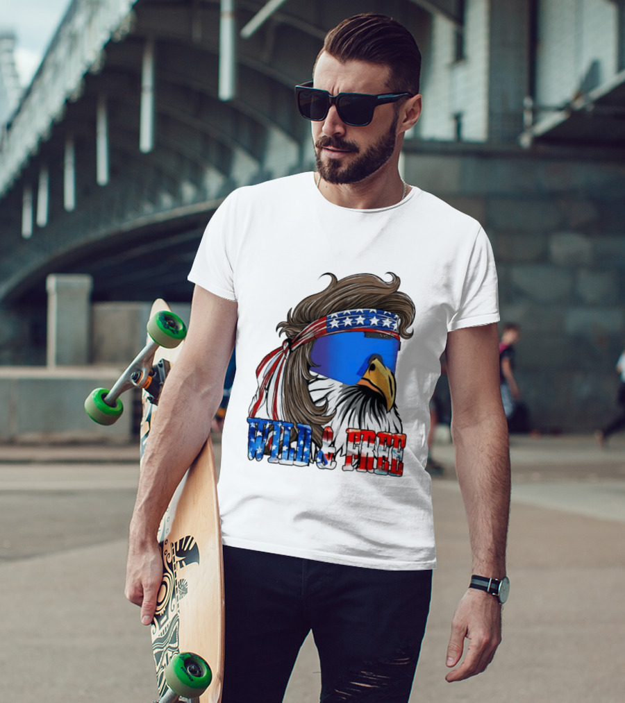 Wild And Free Bald Eagle USA Flag Bandana And Sunglasses T-Shirt