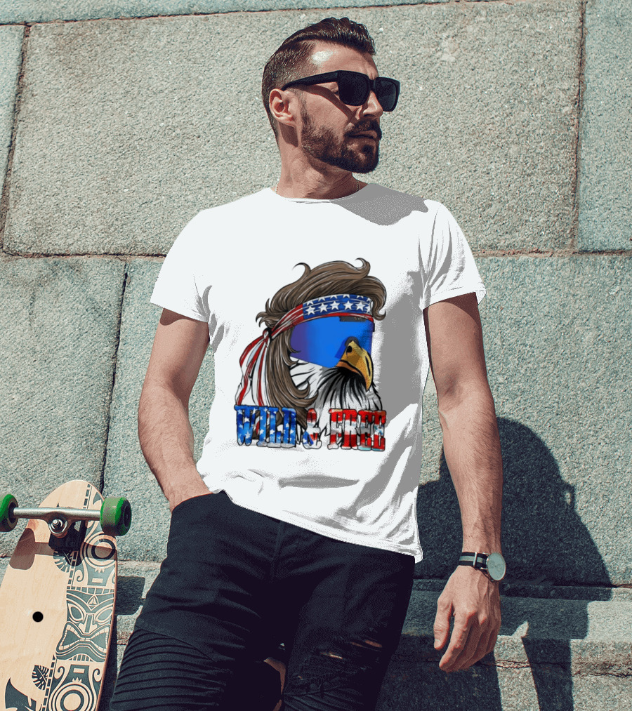 Wild And Free Bald Eagle USA Flag Bandana And Sunglasses T-Shirt