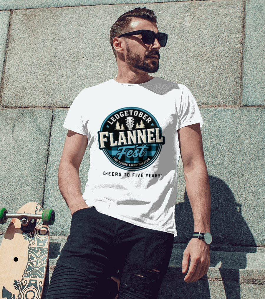LedgeTober Flannel Fest The Ledge Amphitheater Cheers To Five Years Celebration With Trees And Guitar T-Shirt