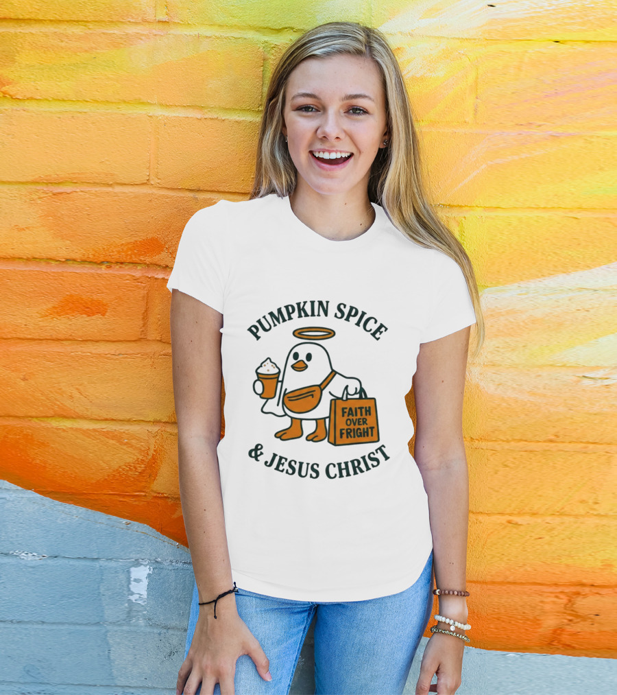 Pumpkin Spice Jesus Christ Faith Over Fright Angelic Penguin Coffee T-Shirt