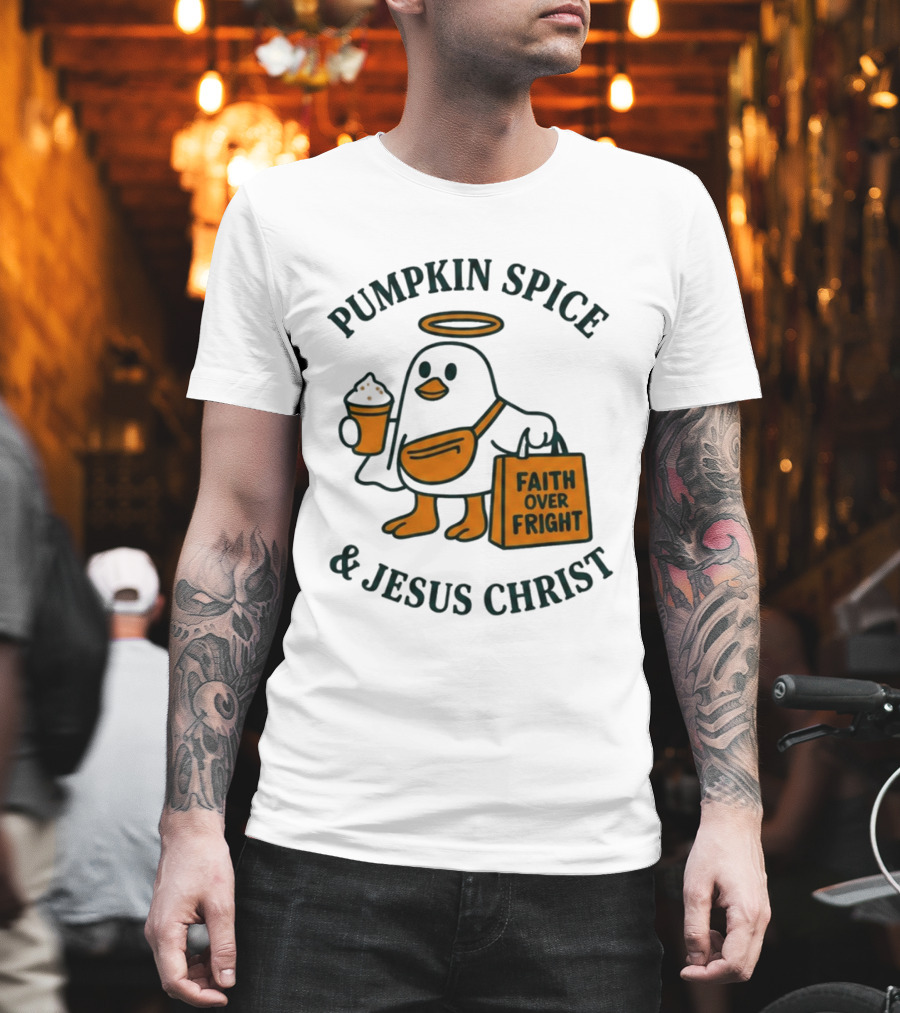 Pumpkin Spice Jesus Christ Faith Over Fright Angelic Penguin Coffee T-Shirt