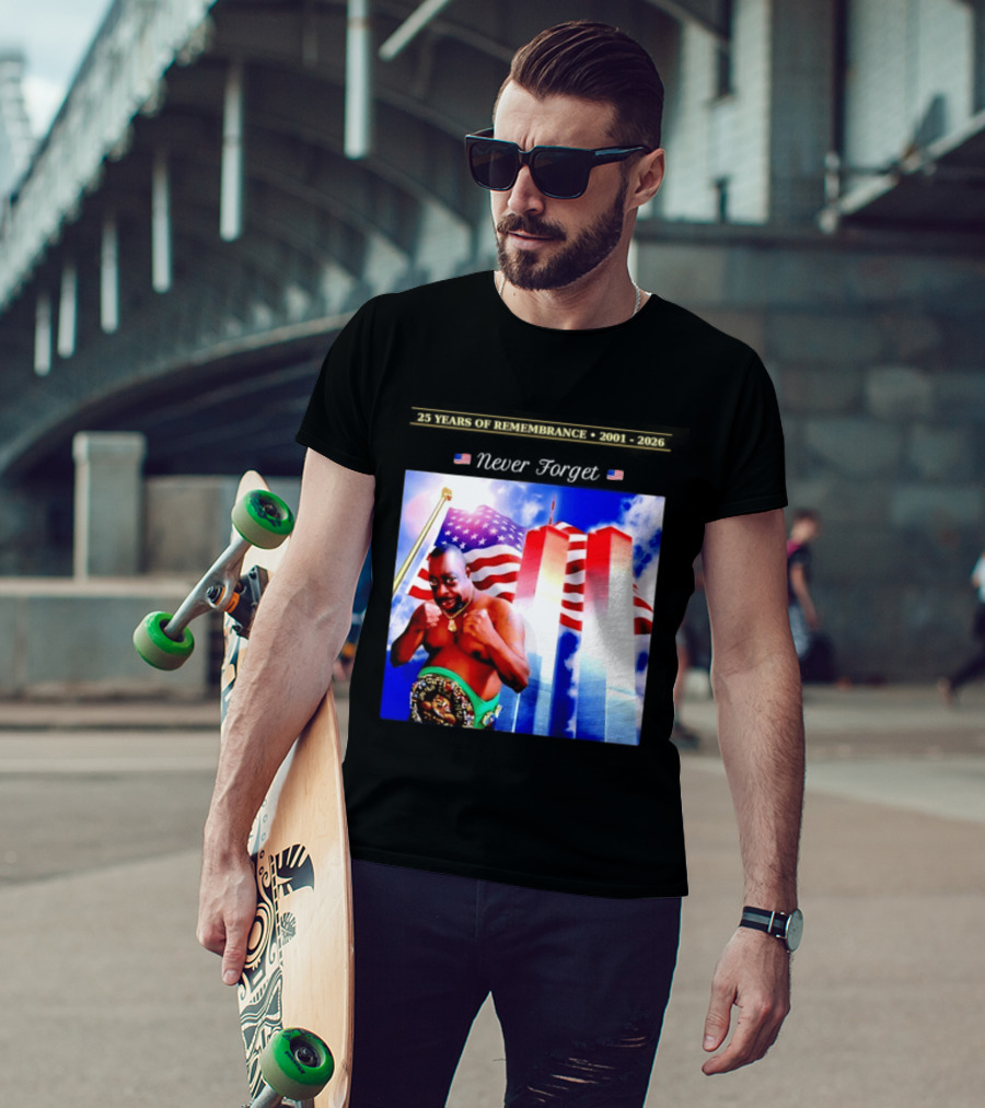 25 Years Of Remembrance 2001 2026 Beetlejuice Never Forget Twin Towers Boxing Belt American Flag T-Shirt
