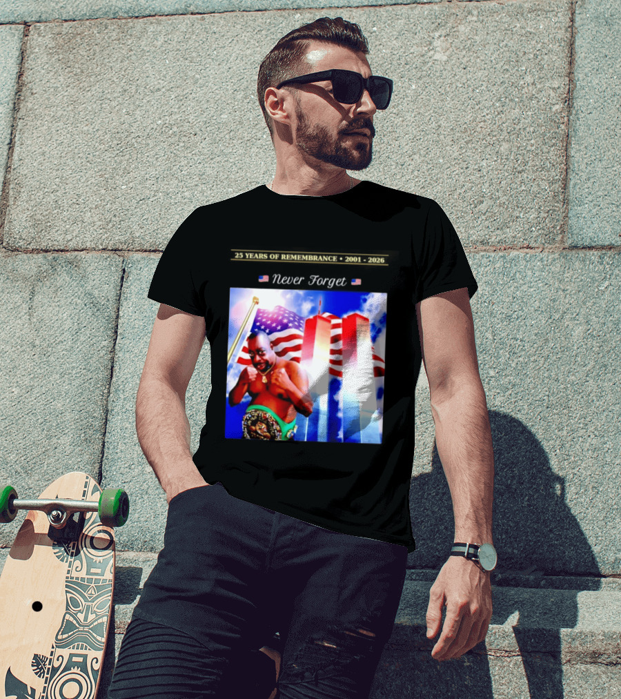 25 Years Of Remembrance 2001 2026 Beetlejuice Never Forget Twin Towers Boxing Belt American Flag T-Shirt