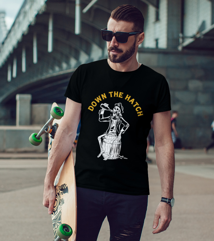 Down The Hatch Skeleton Pirate Drinking T-Shirt