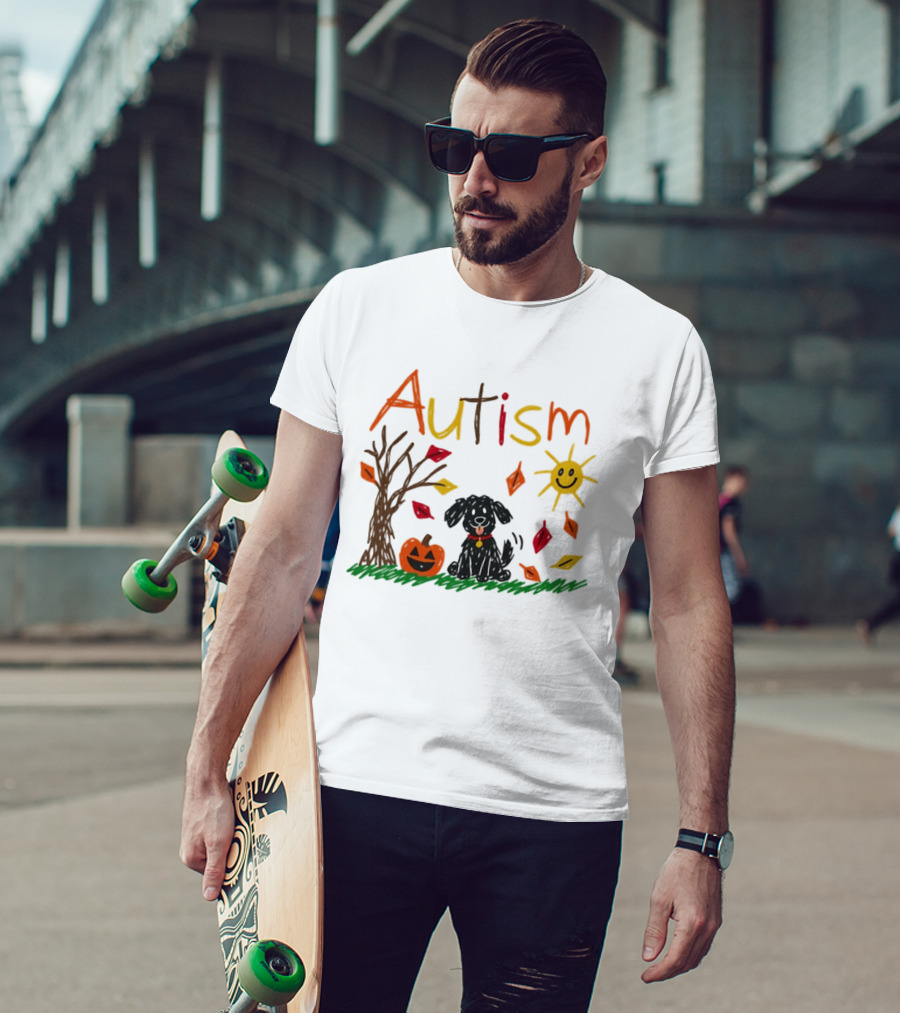 Autism Dog Pumpkin Halloween Fall Leaves Drawing T-Shirt