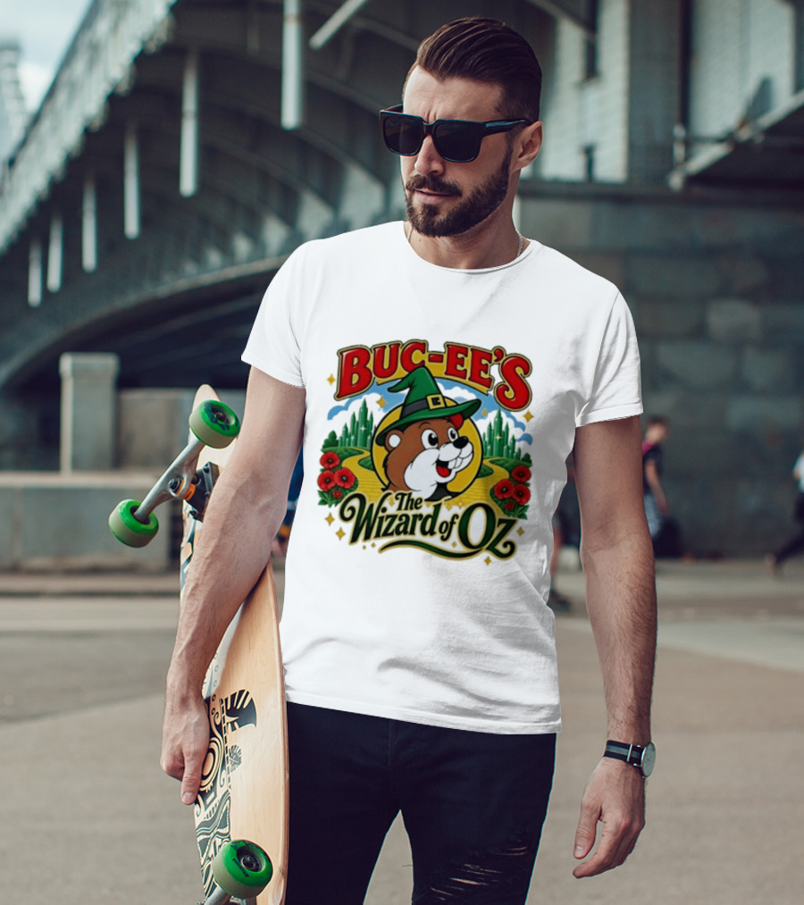 Buc Ee's The Wizard Of Oz Themed Parody With Beaver In Green Hat And Yellow Brick Road T-Shirt