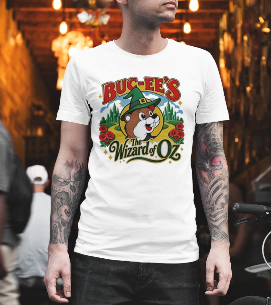 Buc Ee's The Wizard Of Oz Themed Parody With Beaver In Green Hat And Yellow Brick Road T-Shirt