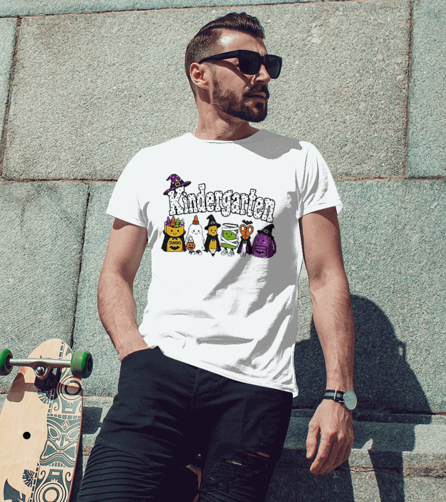 Kindergarten Crayons Ghost Bat Pumpkin Mummy Scissors Backpack Halloween T-Shirt