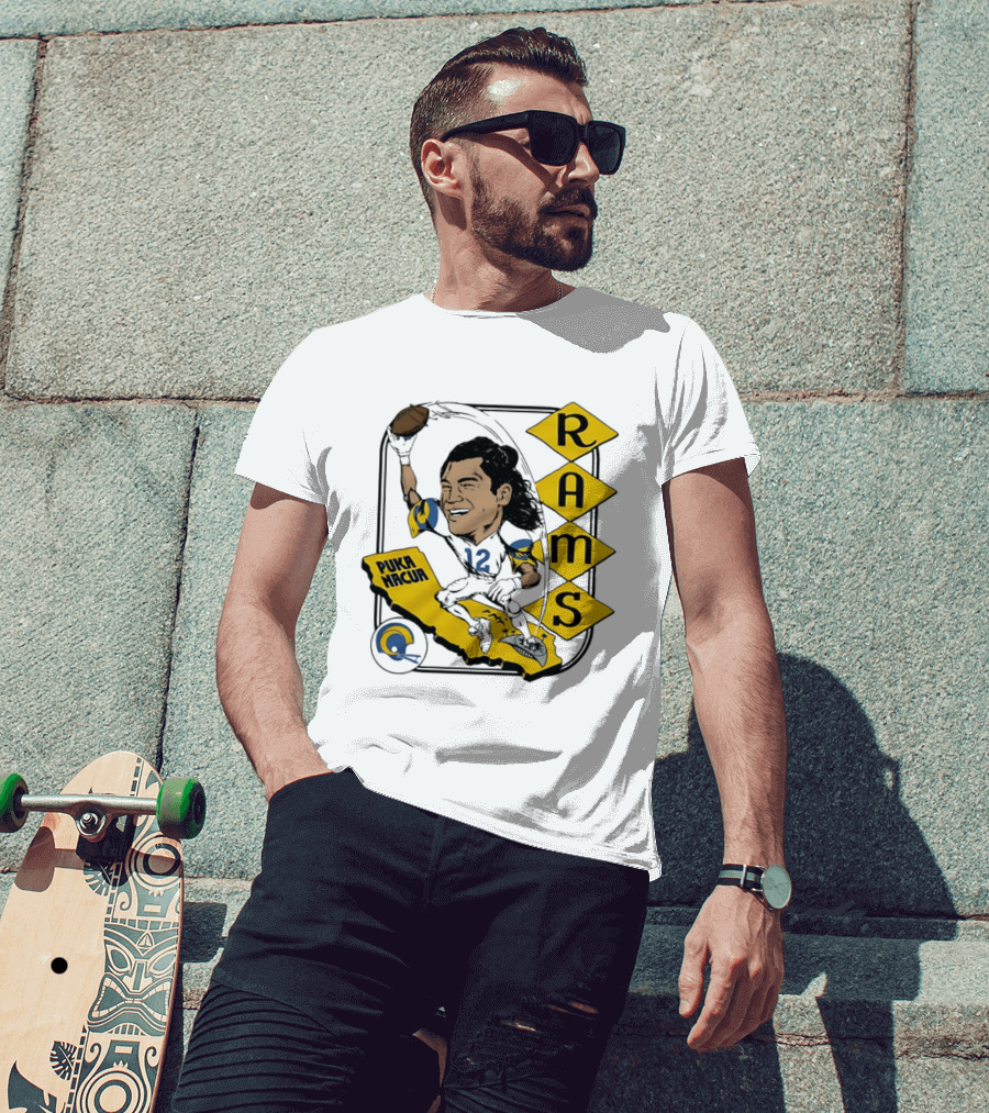 Los Angeles Rams Puka Nacua Caricature Football Player California Map T-Shirt