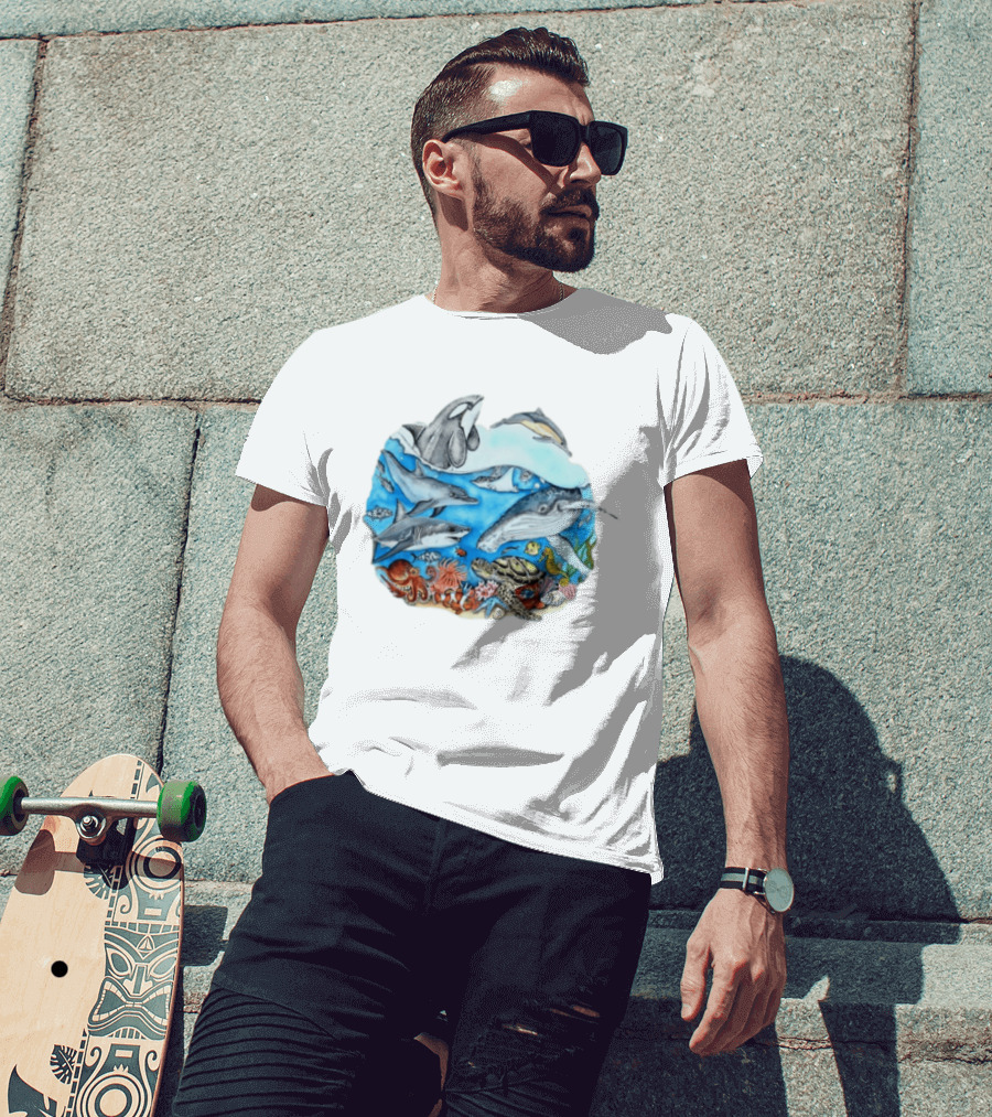 World Oceans Day Marine Life Dolphins Whales Turtles Octopus Coral Sea Animals Conservation T-Shirt