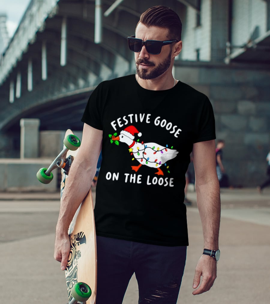 Festive Goose On The Loose With Christmas Lights And Santa Hat T-Shirt