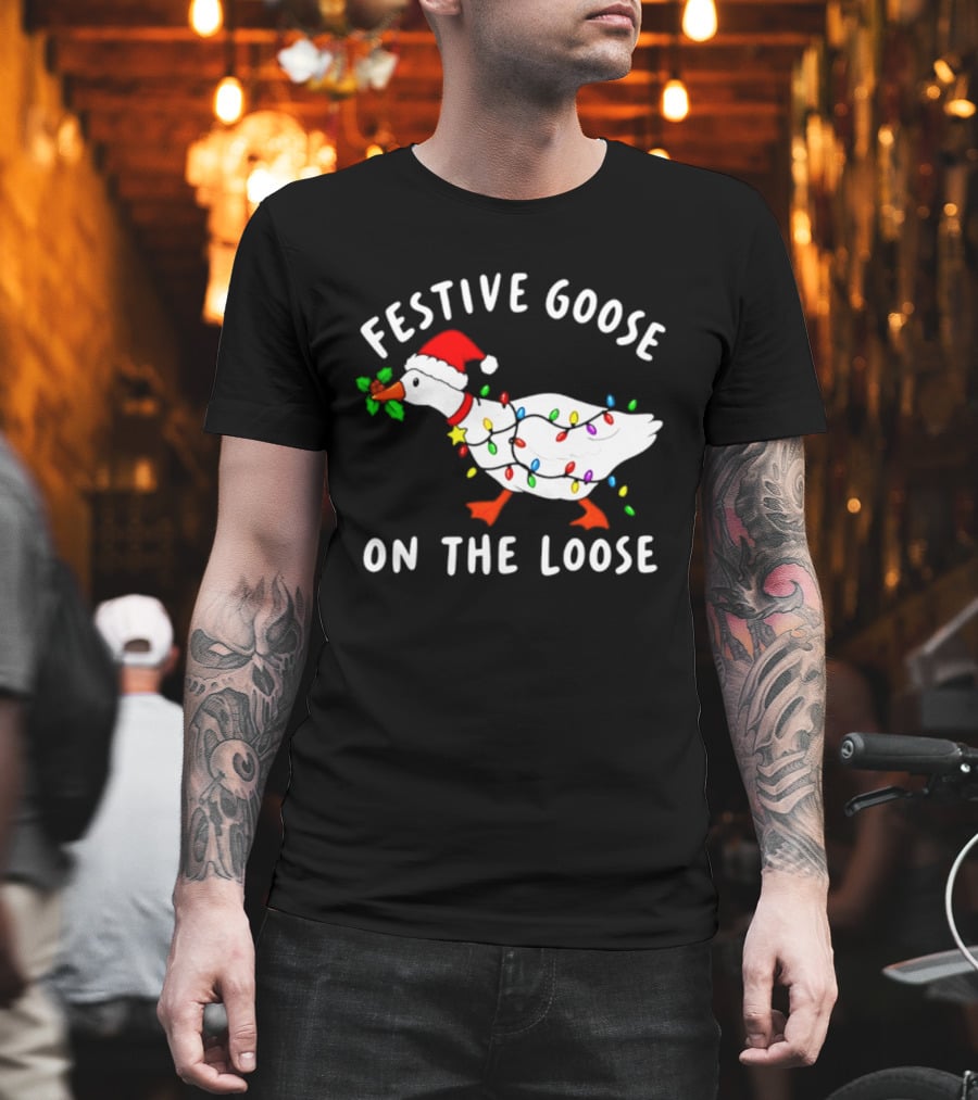 Festive Goose On The Loose With Christmas Lights And Santa Hat T-Shirt