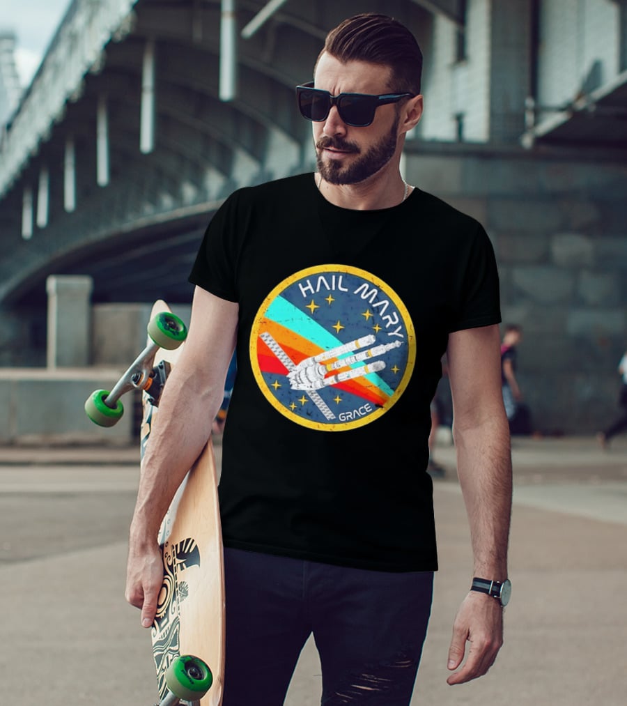 Hail Mary Grace Project Space Mission Emblem Retro Rocket T-Shirt
