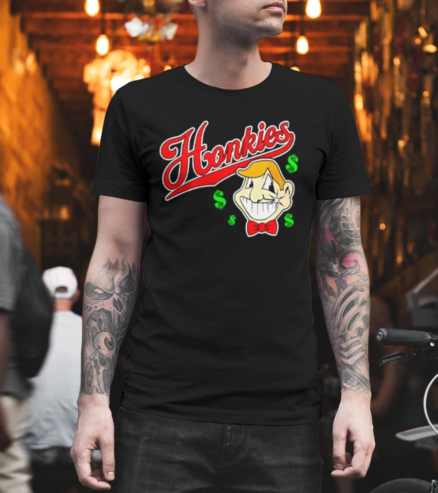Honkies Red Script Cash Icon With Cartoon Face And Bow Tie T-Shirt