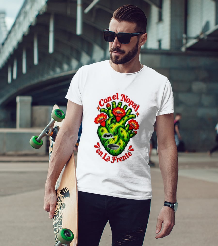Con El Nopal En La Frente Mexican Culture Cactus Heart T-Shirt