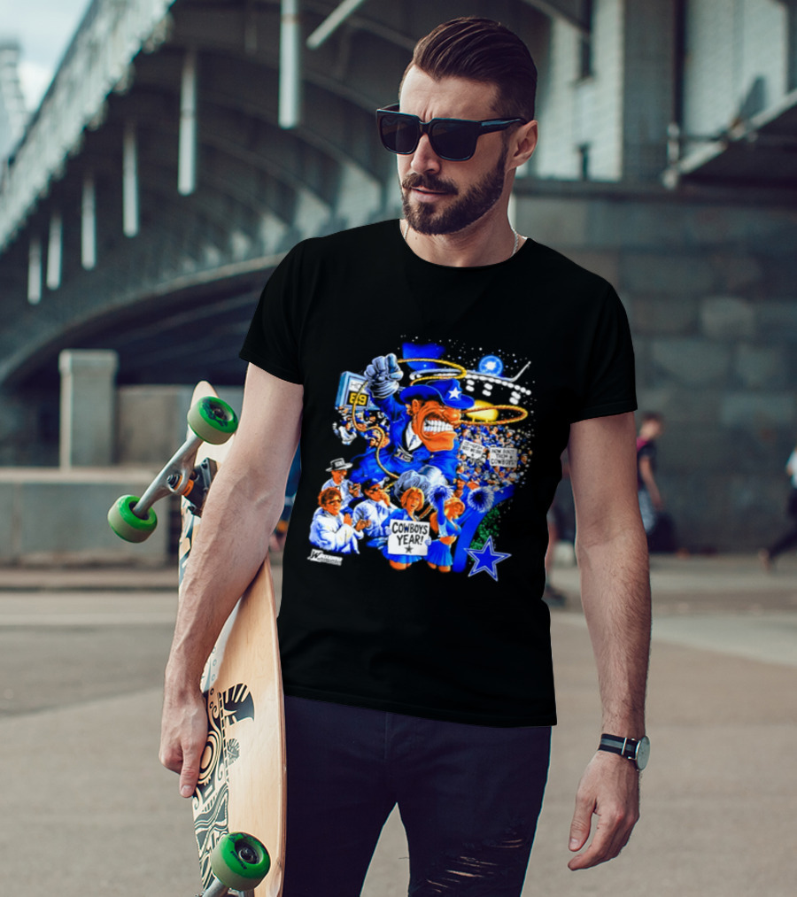 Dallas Cowboys Rowdy Mascot With Star And Cheerleaders Retro Cartoon T-Shirt