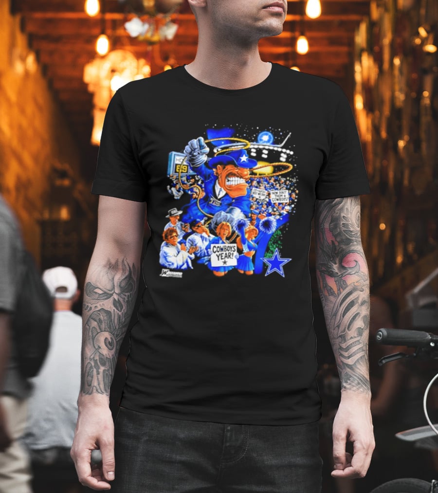 Dallas Cowboys Rowdy Mascot With Star And Cheerleaders Retro Cartoon T-Shirt