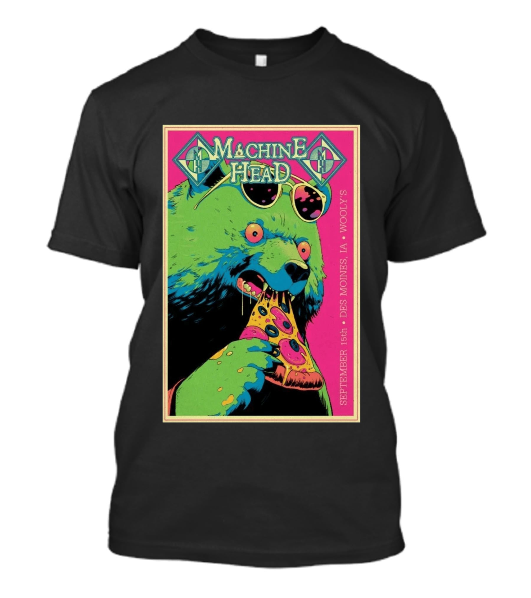 Machine Head Des Moines IA September 15 2026 Wooly's Bear Eating Pizza T-Shirt