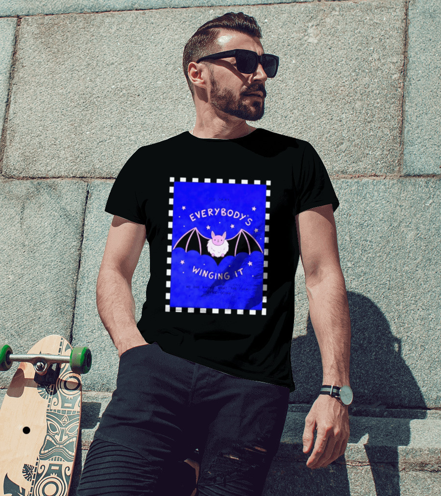 It's Okay Everybody's Winging It No One Knows What They're Doing Pink Bat With Stars T-Shirt