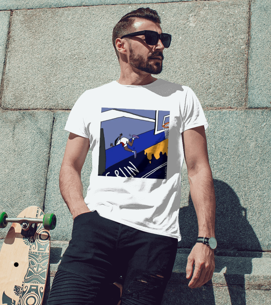Basketball Player Diving Off Court Cartoon NBA Fan Art By Reuben Armstrong T-Shirt
