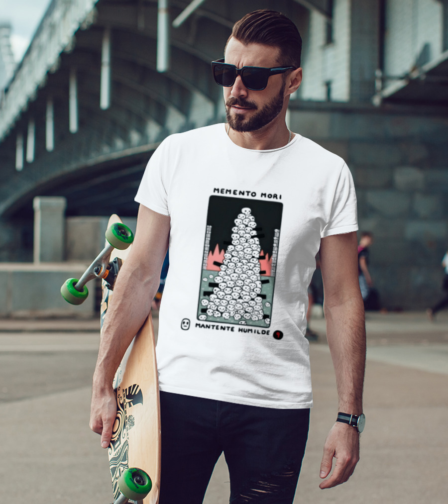 Memento Mori Mantente Humilde Stoicism Skull Pyramid Flames T-Shirt