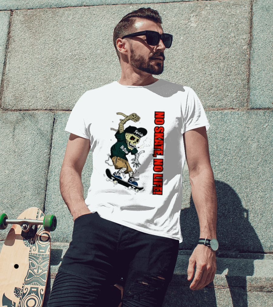 Skeleton Mummy Hi Stan No Skate No Life Skateboarding Skeleton T-Shirt
