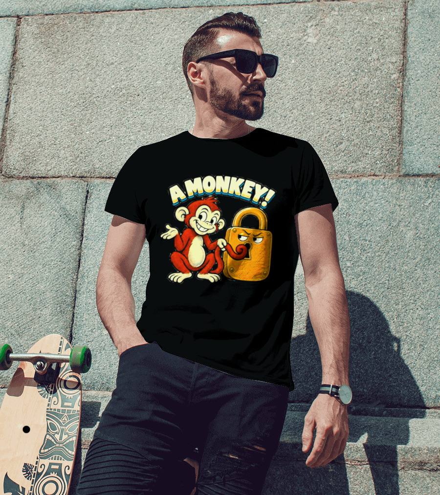 A Monkey And Padlock Playful Cartoon T-Shirt