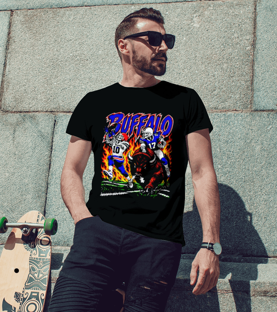 Buffalo Bills Flaming Skeleton Football Players Number 10 And 17 T-Shirt
