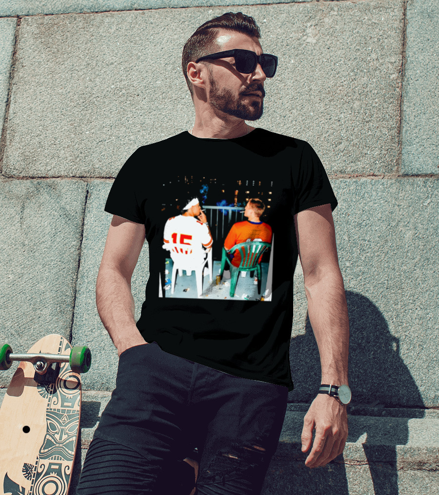 Patrick Mahomes Kansas City Chiefs And Bo Nix Denver Broncos Smoking Behind Skyline T-Shirt