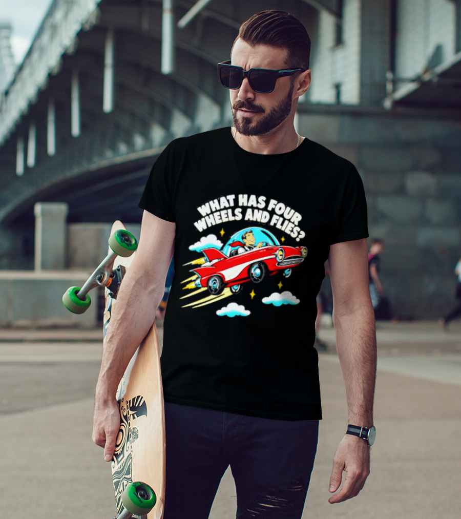 What Has Four Wheels And Flies Retro Flying Car With Clouds And Stars T-Shirt