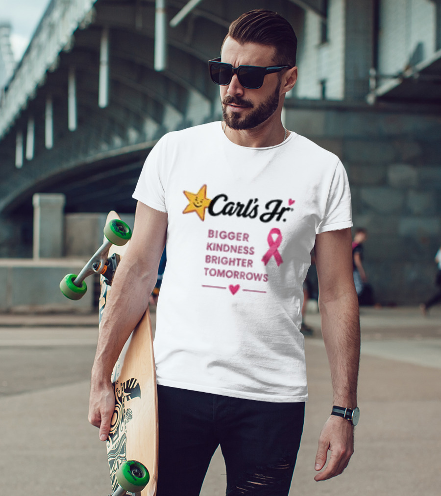 Carl's Jr Bigger Kindness Brighter Tomorrows Pink Ribbon Breast Cancer Awareness T-Shirt