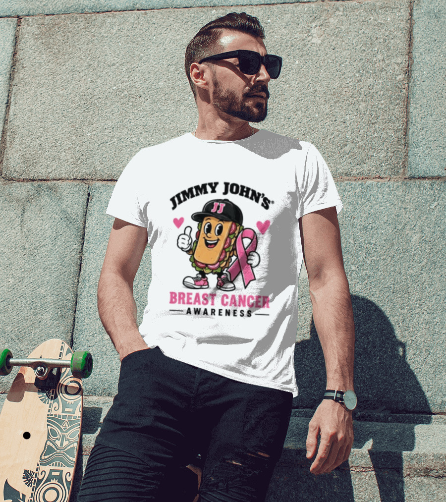Jimmy John's Pink Ribbon Breast Cancer Awareness Sandwich JJ Hat Hearts T-Shirt