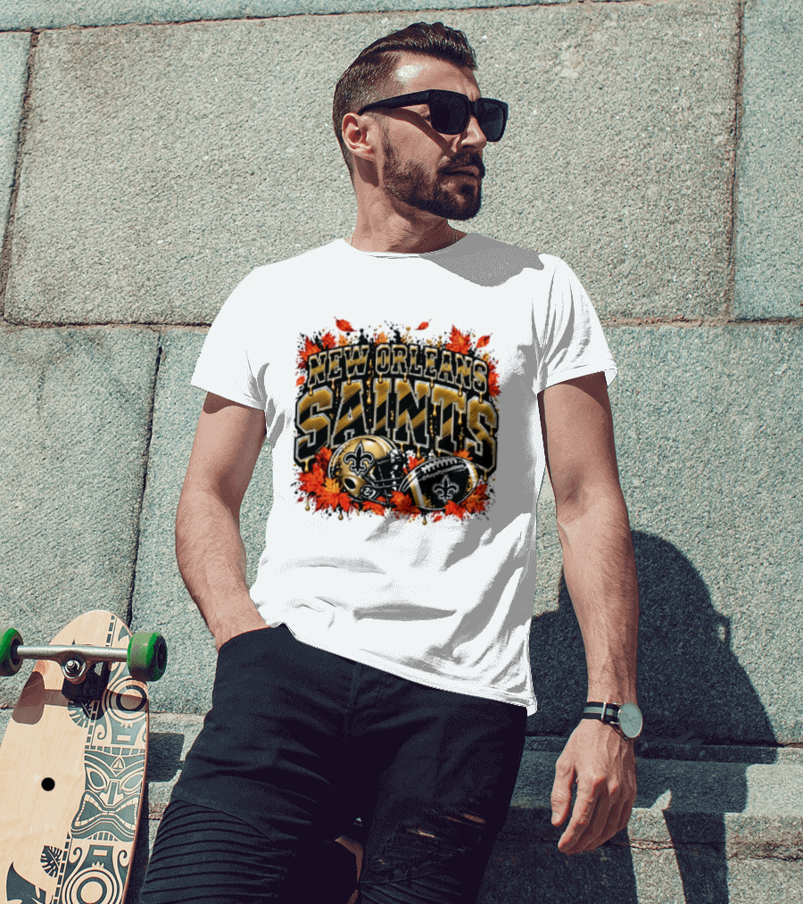 New Orleans Saints Football Helmet Autumn Leaves Halloween 2026 T-Shirt