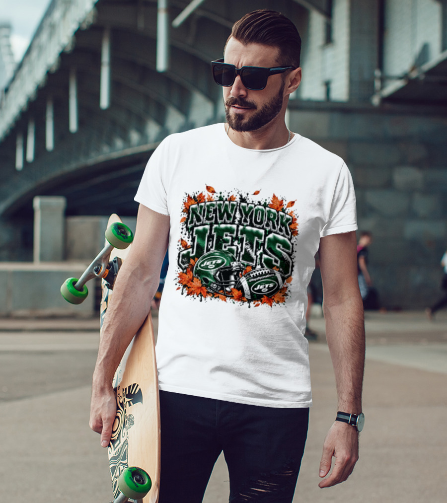 New York Jets Football Helmet Autumn Leaves Halloween 2026 T-Shirt