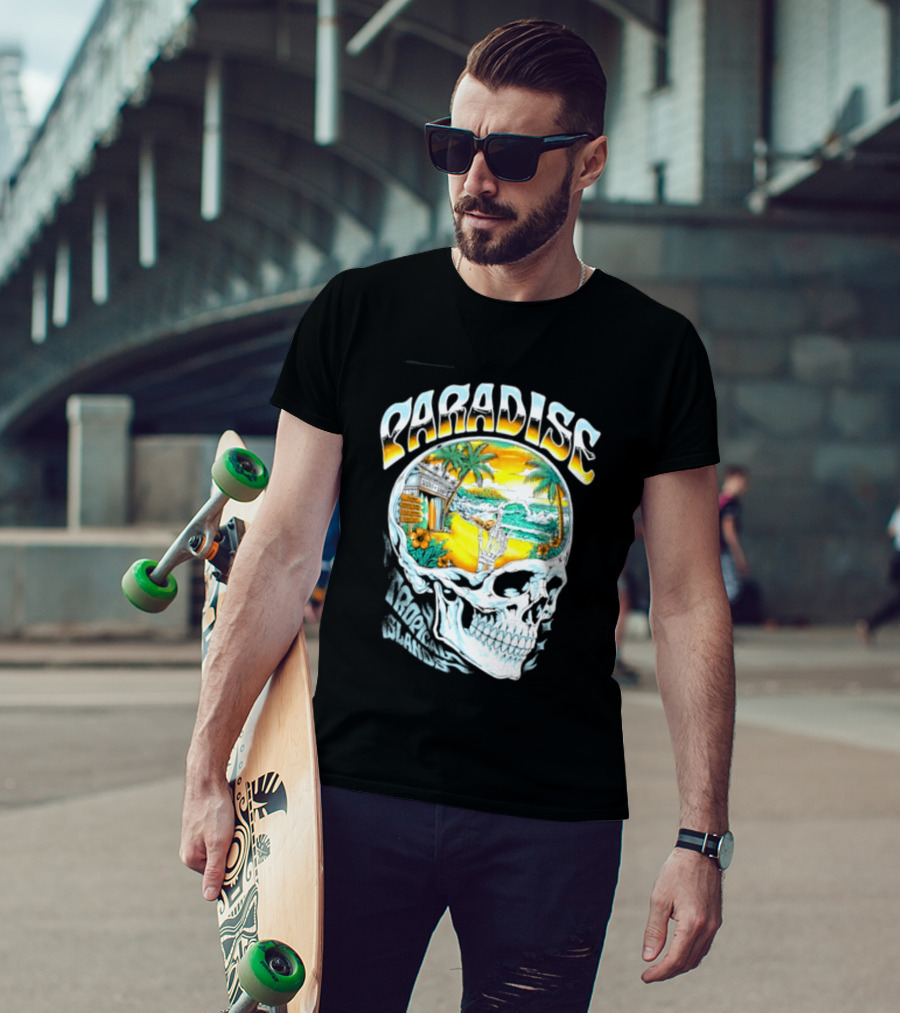 Paradise Tropical Island Skull Surf Shop Beach Scene T-Shirt