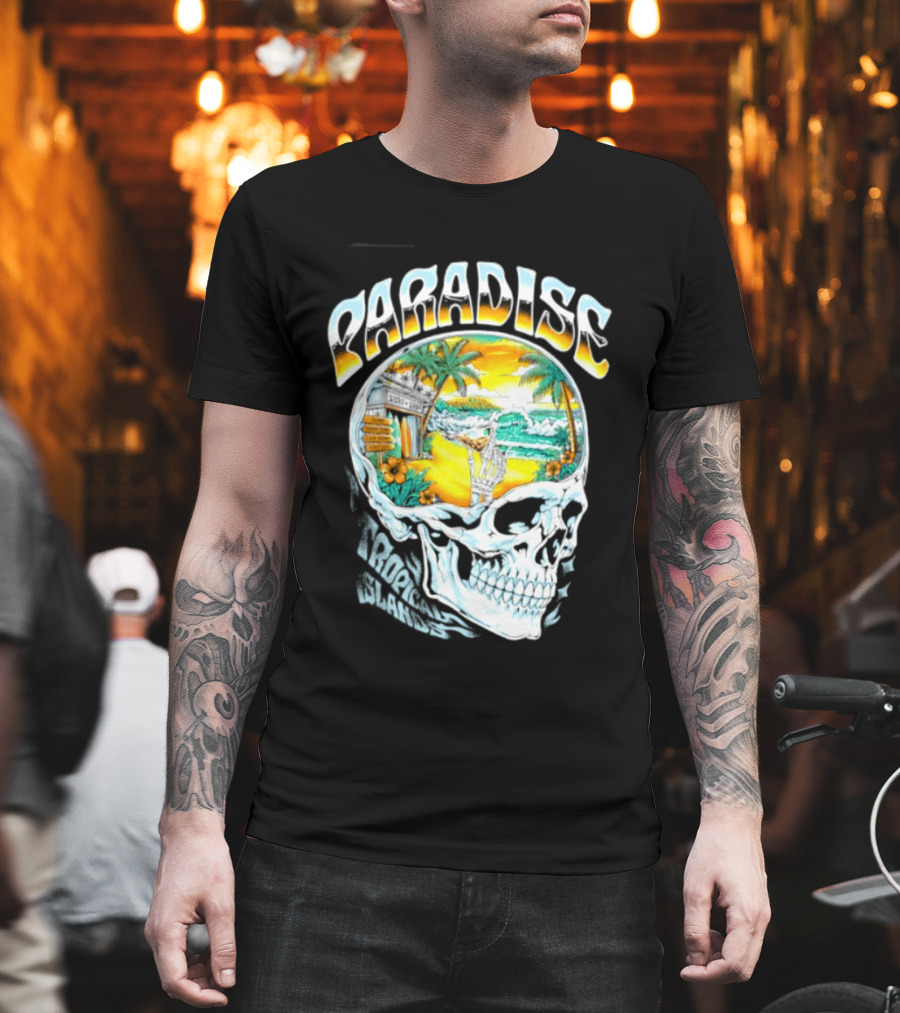 Paradise Tropical Island Skull Surf Shop Beach Scene T-Shirt