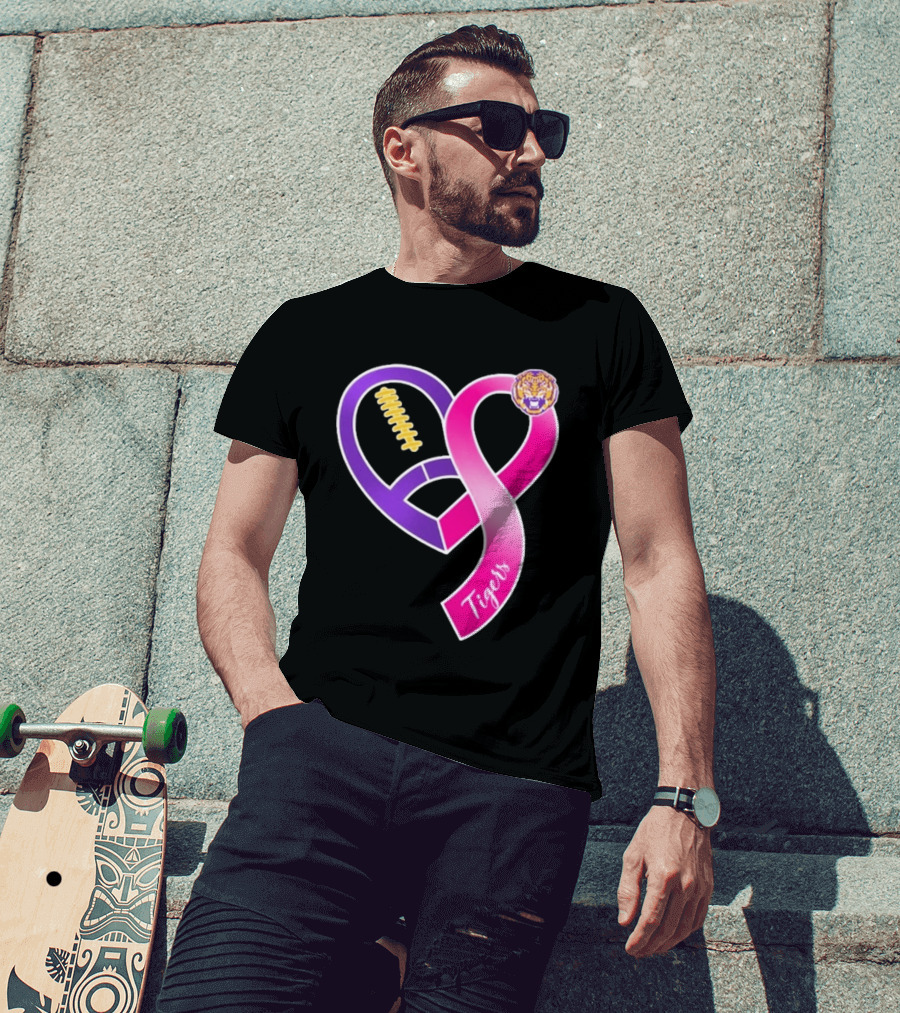 LSU Tigers Breast Cancer Awareness 2026 Heart Ribbon Football T-Shirt