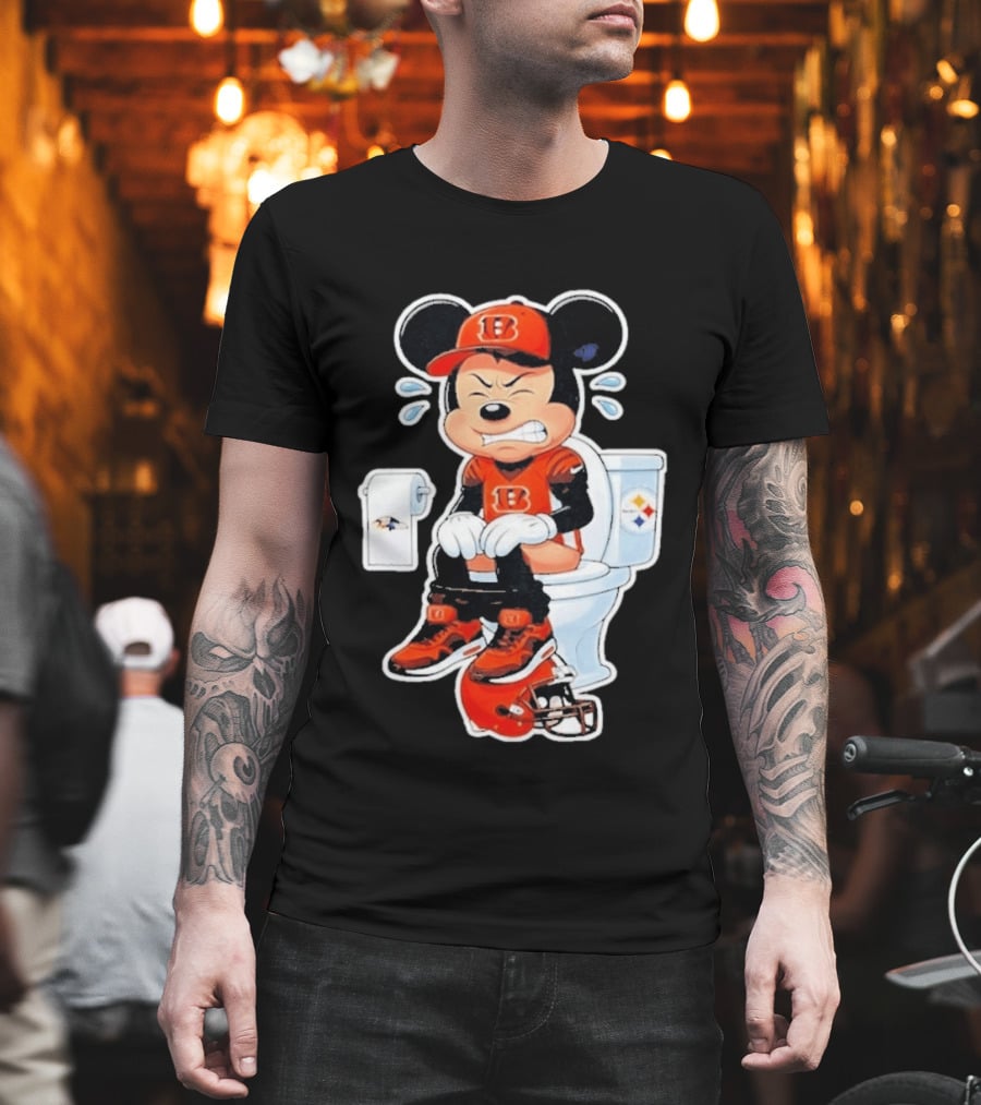Mickey Cincinnati Bengals Mascot On Toilet Rival Baltimore Ravens Steelers Football Helmet T-Shirt