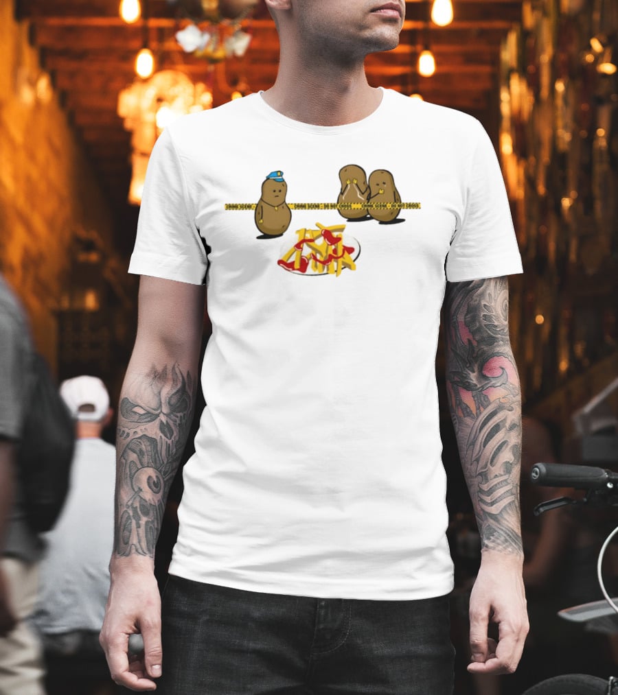 Crime Scene Do Not Cross Potato Fries Funny Cartoon Mash Up T-Shirt